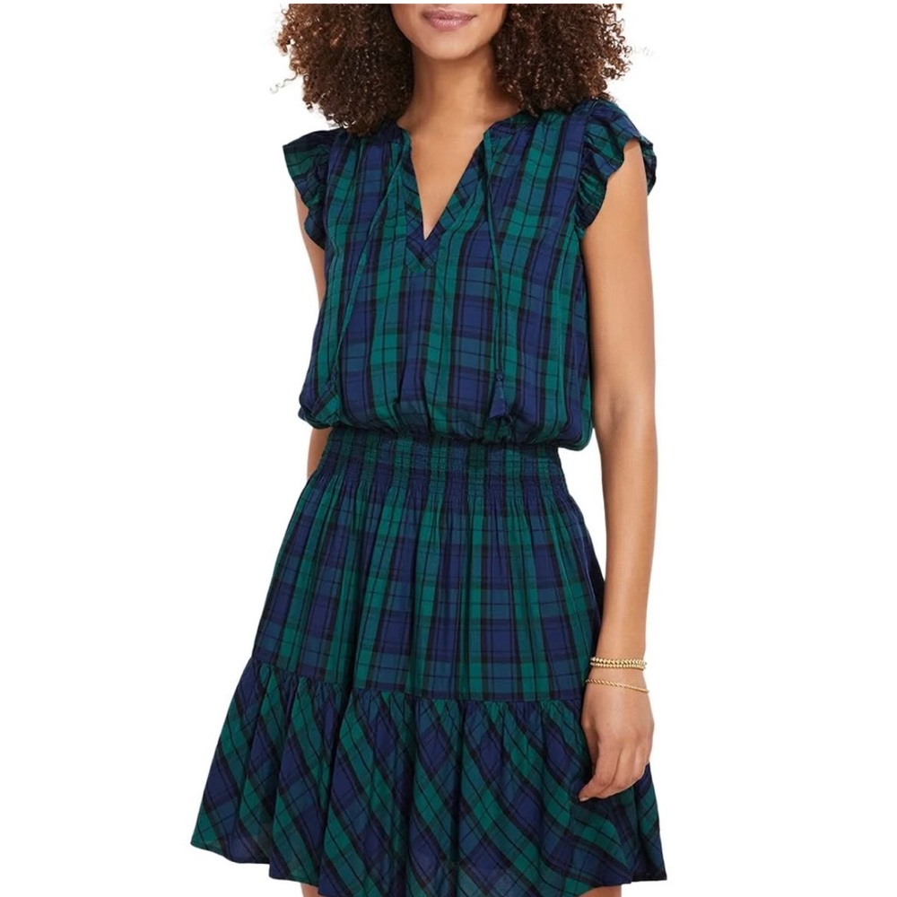 VINEYARD VINES BLACKWATCH SMOCKED RUFFLE DRESS